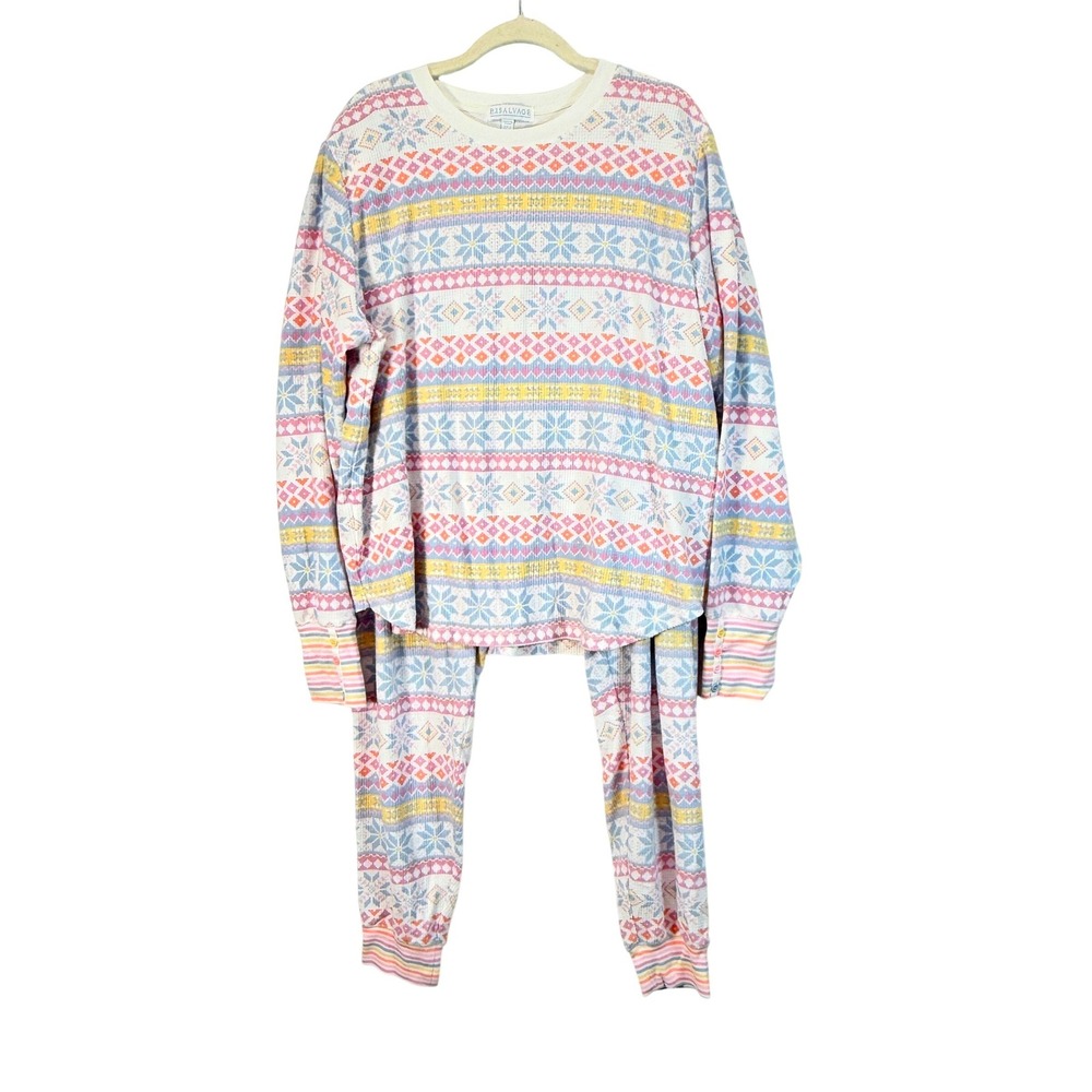 P.I. Salvage Pajama Set Fair Isle Snowflake Print Long Sleeve Top Pants L